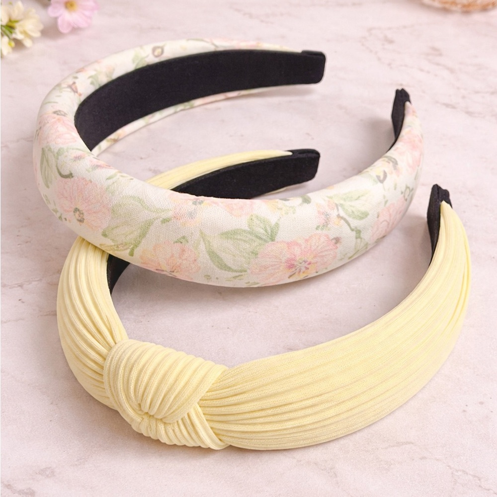 2 Headbands Floral Padded & Yellow Ribbed Knot Top Hair Band Women Girls Set